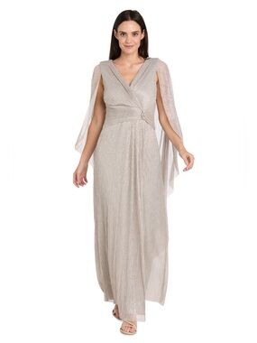 R&M Richards Metallic Silver V-Neck Gown Size 14